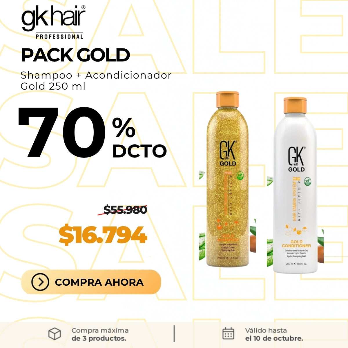 Pack Gold GK Hair Shampoo + Acondicionador Gold con 70% de descuento: de $55.980 a $16.794