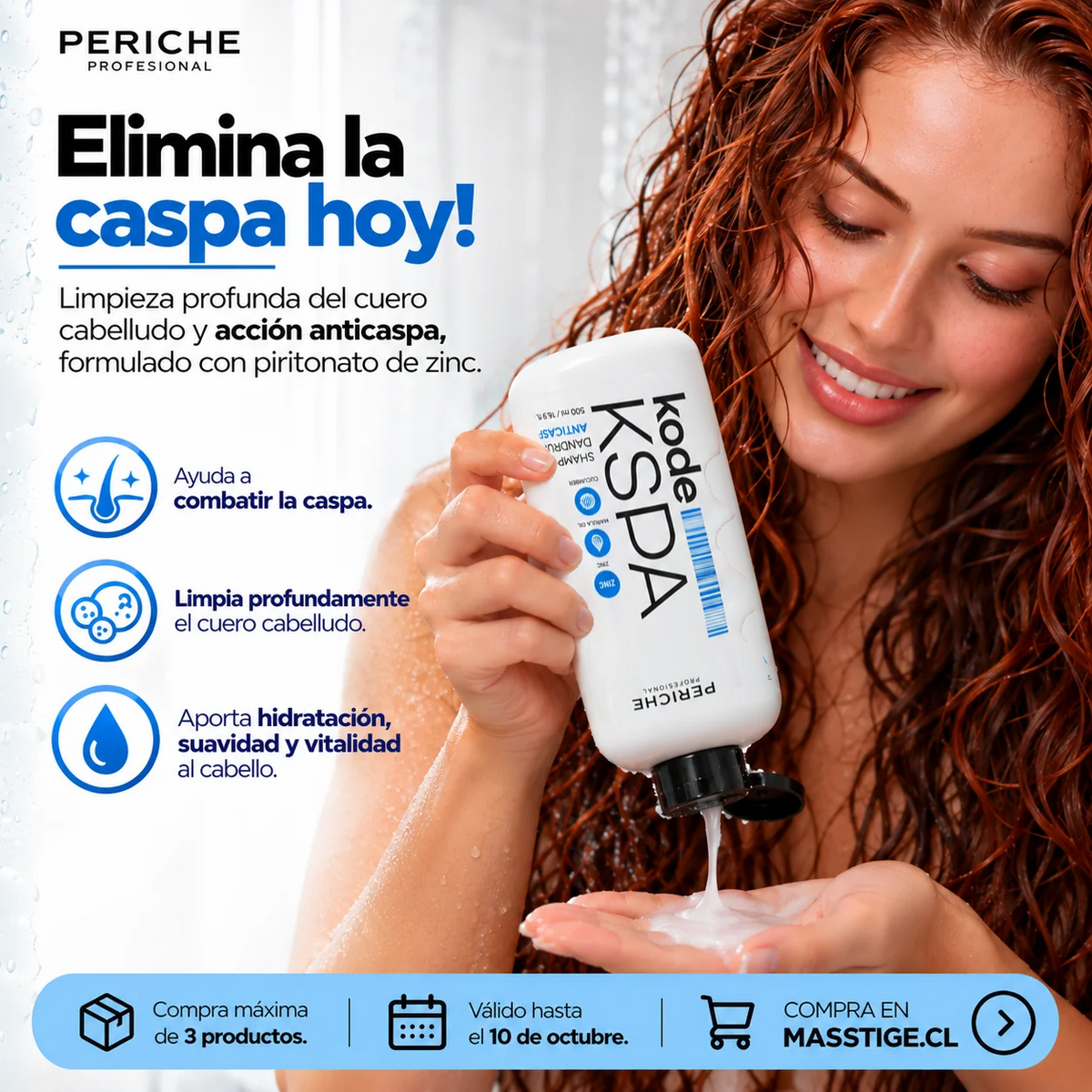 Modelo aplicando Shampoo Anticaspa Kode KSPA Periche 500 ml
