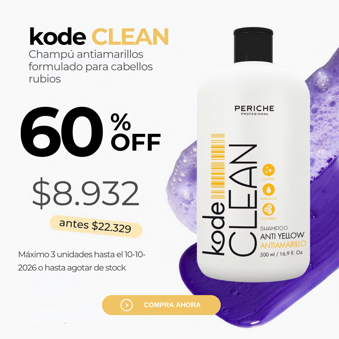 Shampoo Antiamarillos Kode CLEAN Periche 500 ml - Oferta 60%